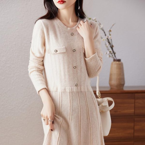 Women O-Neck 100% Solid Wool Slim Fit Dress Long Sleeve Knitted Long Pullover Dress Sweater