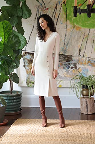 516F4pHxhNL.jpg Women's V-Neck Midi with Side Skirt Buttons Detail