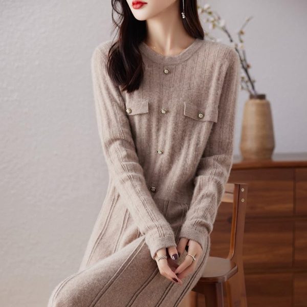 Women O-Neck 100% Solid Wool Slim Fit Dress Long Sleeve Knitted Long Pullover Dress Sweater