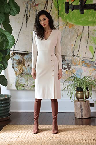 517R8vxAirL.jpg Women's V-Neck Midi with Side Skirt Buttons Detail