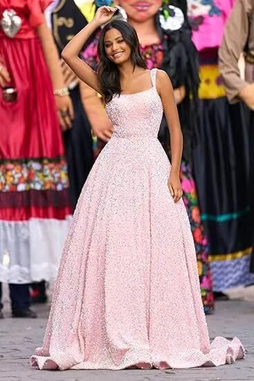 518-KkcXLJL.jpg Spaghetti Straps Sequin Prom Dresses 2025 Long Sparkly A Line Formal Ball Gowns with Pockets YZTS228