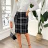 Womens Knee Length Elastic Waist Stretchy Bodycon Plaid Business Pencil Skirt
