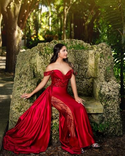 51D6umPKrnL.jpg Off Shoulder Satin Prom Dresses Long 2025 Beaded Formal Dresses Pleated Evening Party Gown with Slit Tail