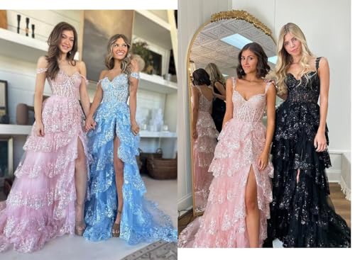 51D8sfSwJ7L.jpg Glitter Tiered Tulle Lace Prom Dresses Long for Teens 2024 Spaghetti Straps Formal Wedding Evening Gowns VS035
