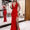 51Dn-bZYNcL.jpg Beaded Evening Gown Deep V-Neck Mermaid Prom Dresses High Split Halter Formal Dress Sleeveless Bodycon Trumpet JS0011