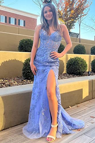 51EUSuIPFL.jpg Women's Lace Mermaid Prom Dresses Long with Slit Mermaid Spaghetti Straps Backless Formal Evening Gowns YZTS099