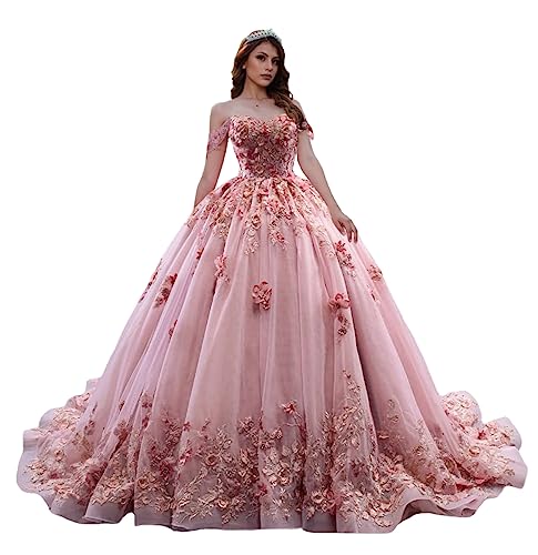 Sweetheart Tulle Quinceanera Dresses for Women Off The Shoulder Ball Gown with Train Lace Beaed Sweet 15 16 Dress