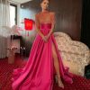 Mock Turtle Neck Prom Dresses Half Sleeve Formal Gowns Sequins Satin Evening Dress A-Line Ball Gown Slit JS0005