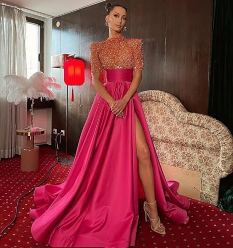 51FYXZ5BN0L.jpg Mock Turtle Neck Prom Dresses Half Sleeve Formal Gowns Sequins Satin Evening Dress A-Line Ball Gown Slit JS0005