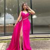 One Shoulder Satin Prom Dresses Long Sparkly Beaded Formal Dresses Mermaid Evening Dress with High Split