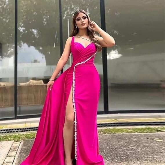 One Shoulder Satin Prom Dresses Long Sparkly Beaded Formal Dresses Mermaid Evening Dress with High Split