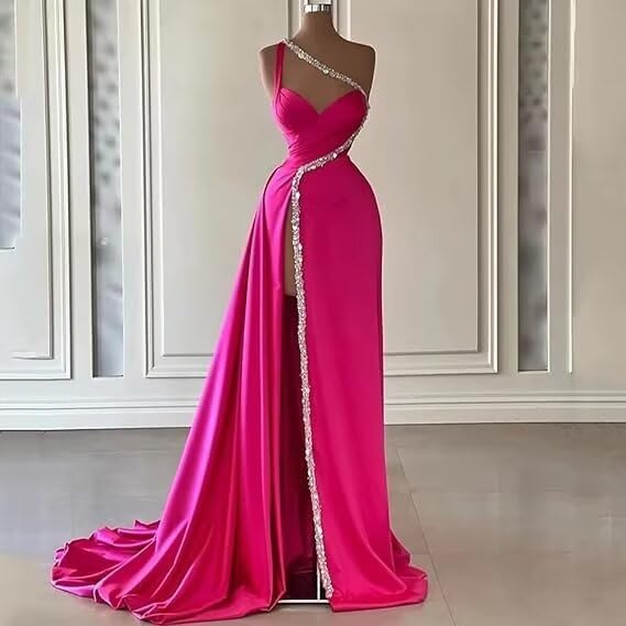 One Shoulder Satin Prom Dresses Long Sparkly Beaded Formal Dresses Mermaid Evening Dress with High Split