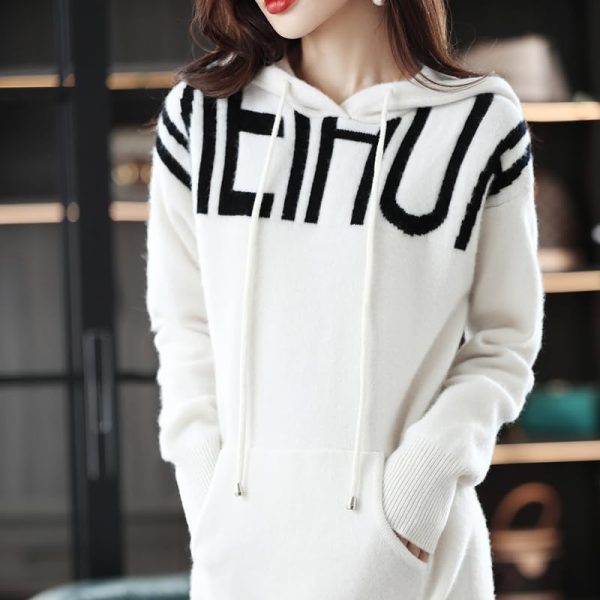 Women 100% Cashmere Wool Products Ladies Dress Knit Long Hooded Sweater Solid Slim Fit Cashmere Dress