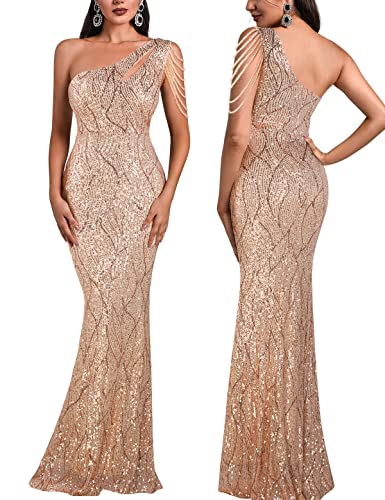 51K5KUDFL1L.jpg Women One Shoulder 1920s Plus Size Formal Dress Tassels Sleeve Sequins Gatsby Maxi Evening Gown