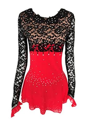 Ice Figure Skating Dress Girls Women Black and Red Lace Long Sleeve Competition Dress