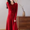 Women O-Neck 100% Solid Wool Slim Fit Dress Long Sleeve Knitted Long Pullover Dress Sweater