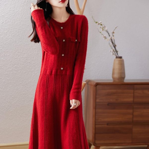 Women O-Neck 100% Solid Wool Slim Fit Dress Long Sleeve Knitted Long Pullover Dress Sweater