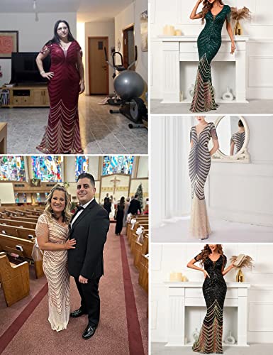 Women 1920s Plus Size Formal Dress Tassels Sleeve Sequins Gatsby Maxi Evening Gown