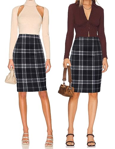 Womens Knee Length Elastic Waist Stretchy Bodycon Plaid Business Pencil Skirt