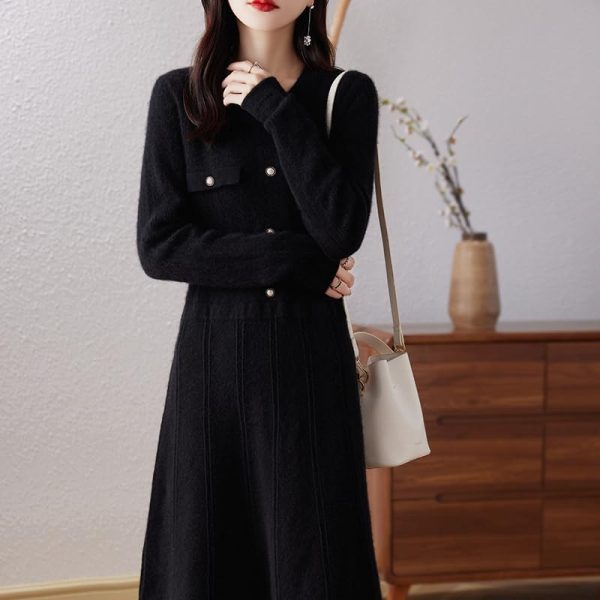 Women O-Neck 100% Solid Wool Slim Fit Dress Long Sleeve Knitted Long Pullover Dress Sweater