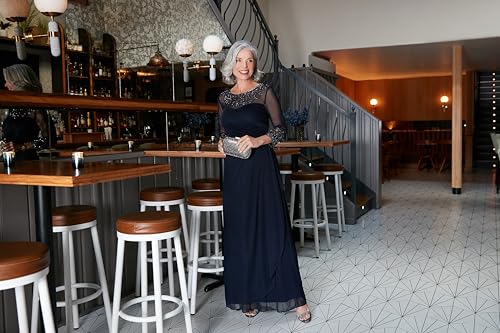 Women's Long A-line Mother of The Bride Dress with Illusion Neck and Sleeves (Petite and Regular Sizes)