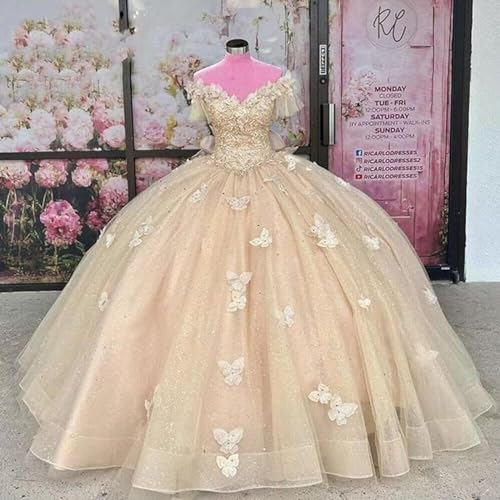51TIa03XqRL.jpg Quinceanera Dress Sparkling Butterfly Long Ball Gown Prom Dress Lace Appliques Party Ball Gown Sweet 15 Dress