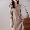 Women O-Neck 100% Solid Wool Slim Fit Dress Long Sleeve Knitted Long Pullover Dress Sweater