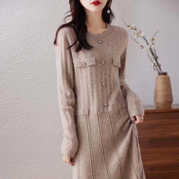 Women O-Neck 100% Solid Wool Slim Fit Dress Long Sleeve Knitted Long Pullover Dress Sweater