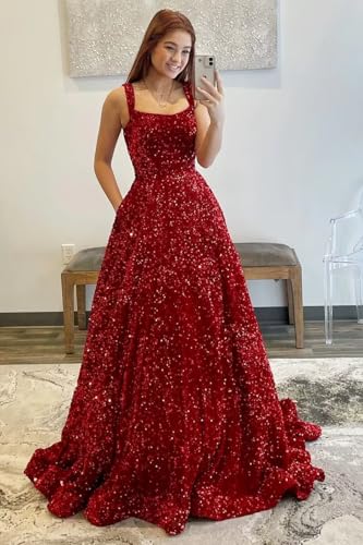 51VP6bwCJeL.jpg Spaghetti Straps Sequin Prom Dresses 2025 Long Sparkly A Line Formal Ball Gowns with Pockets YZTS228