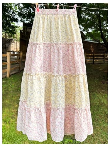 Women's Plaid Print Tiered Layer A Line Ruffle Hem Loose Fit Casual Long Maxi Skirts