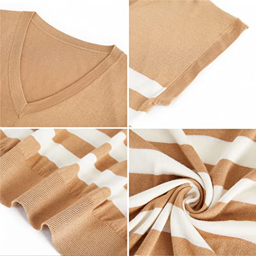 Women's Silk Cashmere Classics V-Neck Striped T-Shirt Loose Casual Summer Tee