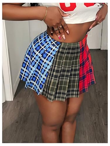 51cDx3l8mLL.jpg Women's Plaid Pleated Mini Skirt High Waisted A Line Y2k Skater Skirts