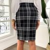 Womens Knee Length Elastic Waist Stretchy Bodycon Plaid Business Pencil Skirt