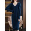 Women 100% Cashmere Wool Dress Sweater Long High-Grade Knitted V-Neck Pullover Solid Wool Dress