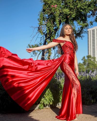 51kM-auenzL.jpg Off Shoulder Satin Prom Dresses Long 2025 Beaded Formal Dresses Pleated Evening Party Gown with Slit Tail