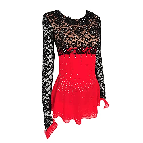 51pg2A4jVaL.jpg Ice Figure Skating Dress Girls Women Black and Red Lace Long Sleeve Competition Dress