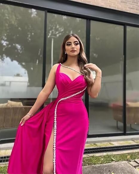 One Shoulder Satin Prom Dresses Long Sparkly Beaded Formal Dresses Mermaid Evening Dress with High Split