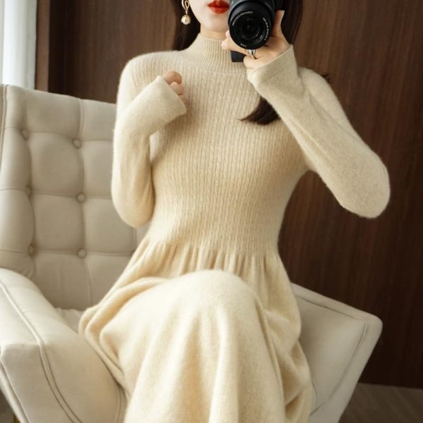 Women Pullover 100% Cashmere Wool Dress Premium Soft Knit Half Turtleneck Long Dress Sweater