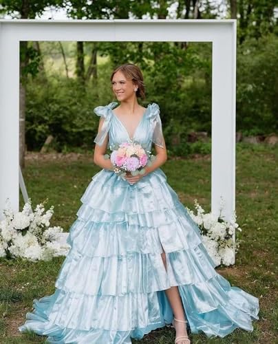 51rlcnBXwsL.jpg Tiered Tulle Prom Dress Long Ball Gown Deep V Neck Formal Evening Dresses with Slit Ruched for Women