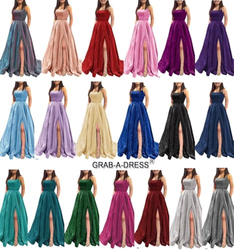 Prom Dresses Long A Line with Pockets Formal Evening Ball Gowns Side Slit Glitter Party Dress