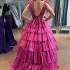 51tSrrAjNOL.jpg Tiered Tulle Prom Dress Long Ball Gown Deep V Neck Formal Evening Dresses with Slit Ruched for Women