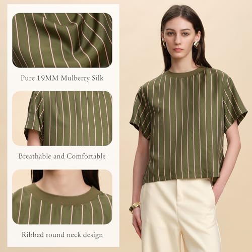 Women 100% Silk Tee Shirts Short Sleeve Striped T-Shirt Summer Business Casual Mulberry Silk Tshirts Crewneck Tops