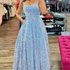 Spaghetti Straps Sequin Prom Dresses 2025 Long Sparkly A Line Formal Ball Gowns with Pockets YZTS228