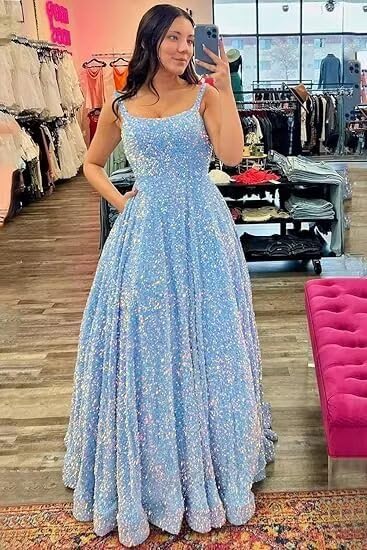 51uPQ4wjaVL.jpg Spaghetti Straps Sequin Prom Dresses 2025 Long Sparkly A Line Formal Ball Gowns with Pockets YZTS228
