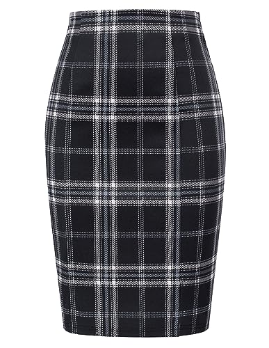Womens Knee Length Elastic Waist Stretchy Bodycon Plaid Business Pencil Skirt
