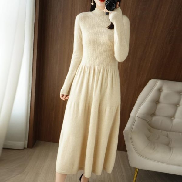 Women Pullover 100% Cashmere Wool Dress Premium Soft Knit Half Turtleneck Long Dress Sweater
