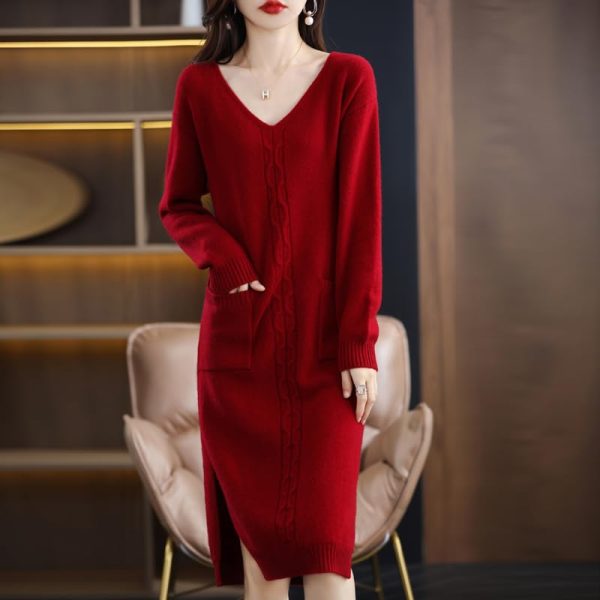 Women 100% Cashmere Wool Dress Sweater Long High-Grade Knitted V-Neck Pullover Solid Wool Dress