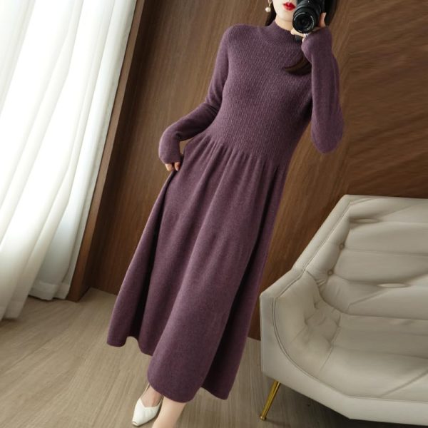 Women Pullover 100% Cashmere Wool Dress Premium Soft Knit Half Turtleneck Long Dress Sweater
