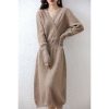 Women 100% Cashmere Wool Dress Solid Color V-Neck Pullover High-End Slim Long Dress Sweater
