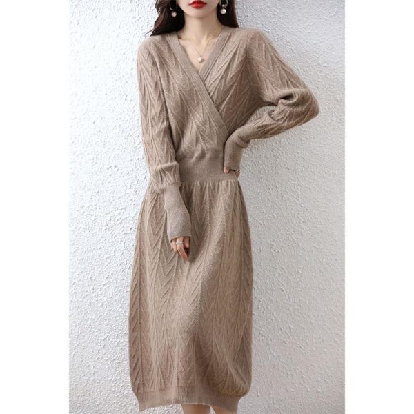 Women 100% Cashmere Wool Dress Solid Color V-Neck Pullover High-End Slim Long Dress Sweater